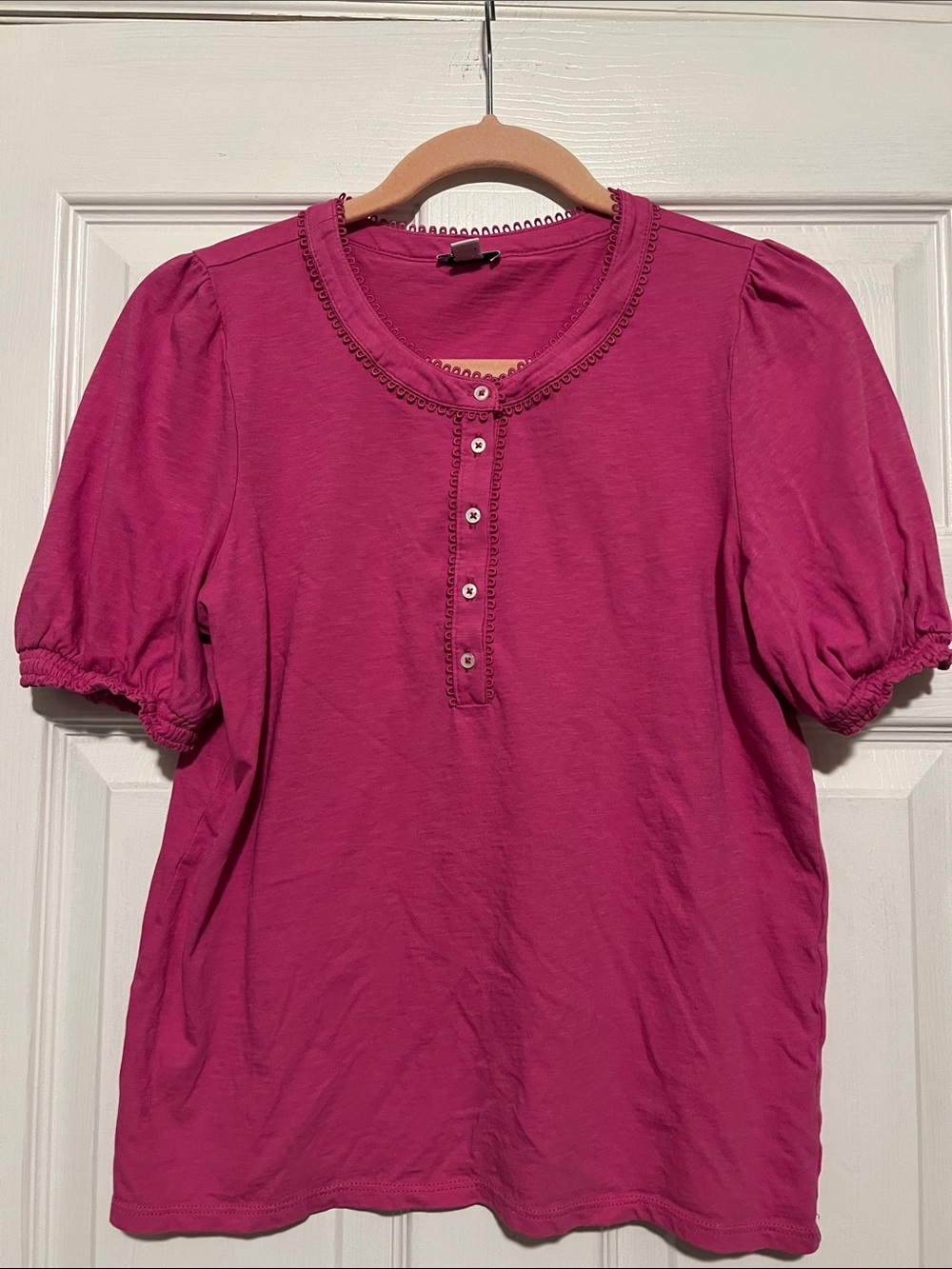 J. Crew Fuchsia Puff Sleeve Henley Tee